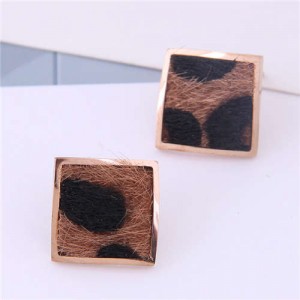 High Fashion Leopard Prints Design Square Shape Titanium Steel Earrings - Brown
