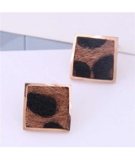 High Fashion Leopard Prints Design Square Shape Titanium Steel Earrings - Brown