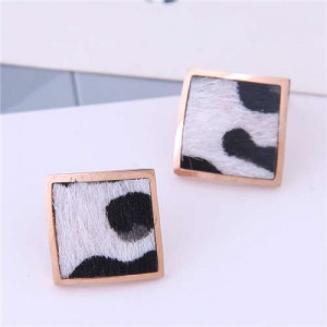 High Fashion Leopard Prints Design Square Shape Titanium Steel Earrings - White
