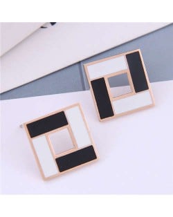 White and Black Contrast Colors Design Square Design Korean Fashion Titanium Steel Earrings