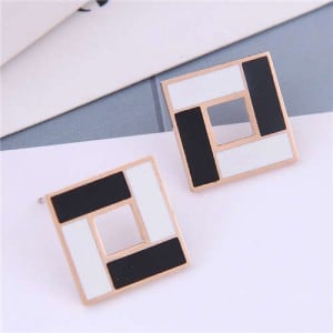 White and Black Contrast Colors Design Square Design Korean Fashion Titanium Steel Earrings