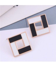 White and Black Contrast Colors Design Square Design Korean Fashion Titanium Steel Earrings