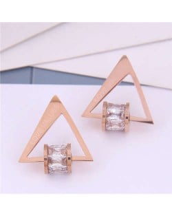Cubic Zirconia Bead Decorated Triangle Design Love Theme Korean Fashion Titanium Steel Earrings - Transparent