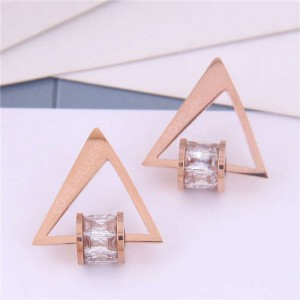 Cubic Zirconia Bead Decorated Triangle Design Love Theme Korean Fashion Titanium Steel Earrings - Transparent