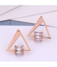 Cubic Zirconia Bead Decorated Triangle Design Love Theme Korean Fashion Titanium Steel Earrings - Transparent