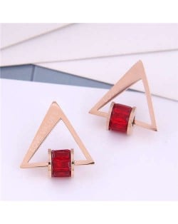 Cubic Zirconia Bead Decorated Triangle Design Love Theme Korean Fashion Titanium Steel Earrings - Red