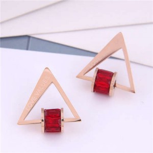 Cubic Zirconia Bead Decorated Triangle Design Love Theme Korean Fashion Titanium Steel Earrings - Red