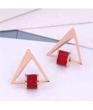 Cubic Zirconia Bead Decorated Triangle Design Love Theme Korean Fashion Titanium Steel Earrings - Red