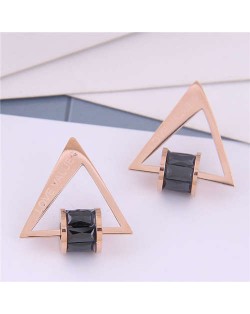 Cubic Zirconia Bead Decorated Triangle Design Love Theme Korean Fashion Titanium Steel Earrings - Black