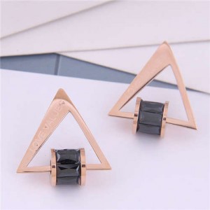 Cubic Zirconia Bead Decorated Triangle Design Love Theme Korean Fashion Titanium Steel Earrings - Black