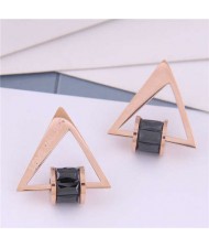 Cubic Zirconia Bead Decorated Triangle Design Love Theme Korean Fashion Titanium Steel Earrings - Black