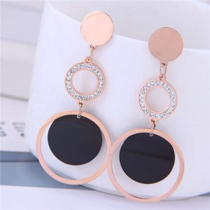 Dangling Rings Combo Design Rose Gold Color Women Titanium Steel Earrings - White