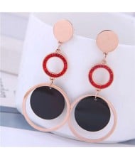 Dangling Rings Combo Design Rose Gold Color Women Titanium Steel Earrings - Red