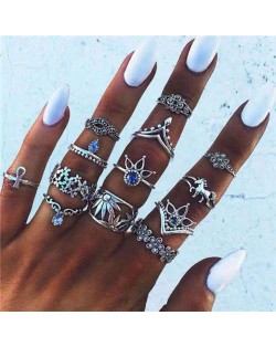 Vintage Floral Elements Design Street Fashion Multiple Alloy Rings Set