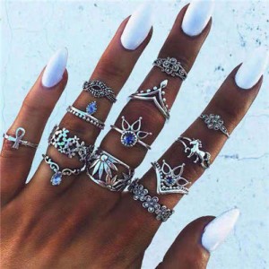 Vintage Floral Elements Design Street Fashion Multiple Alloy Rings Set