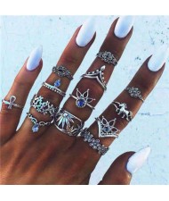 Vintage Floral Elements Design Street Fashion Multiple Alloy Rings Set