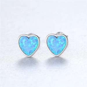 Luxurious Gem Heart Design 925 Sterling Silver Earrings - Blue