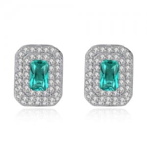 Green Crystal Inlaid with Rhinestones Embellished Design 925 Sterling Silver Luxurious Style Earrings