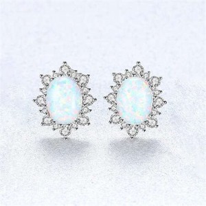 Austrilian Gem Inlaid Elegant Design 925 Sterling Silver Luxurious Style Women Earrings - White