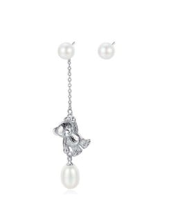 Natural Pearl with 925 Sterling Silver Dangling Bear Asymmetric Design Women Earrings