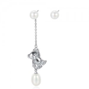 Natural Pearl with 925 Sterling Silver Dangling Bear Asymmetric Design Women Earrings