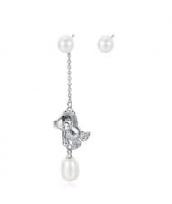 Natural Pearl with 925 Sterling Silver Dangling Bear Asymmetric Design Women Earrings