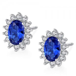 Sapphire Gem Embellished 925 Sterling Silver Floral Pattern Design Elegant Women Earrings
