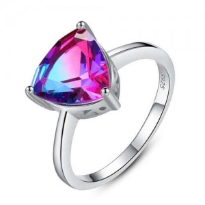 Luxurious Style Rainbow Stone Inlaid Three Claw 925 Sterling Silver Women Ring