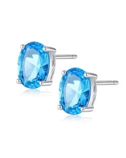 Aquamarine Gem Inlaid Elegant Oval Shape Design 925 Sterling Silver Earrings