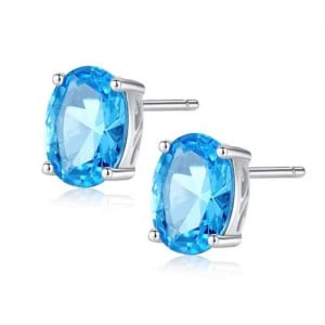 Aquamarine Gem Inlaid Elegant Oval Shape Design 925 Sterling Silver Earrings