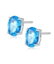 Aquamarine Gem Inlaid Elegant Oval Shape Design 925 Sterling Silver Earrings