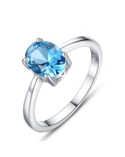 Oval Shape Aquamarine Gem Inlaid Four Claw 925 Sterling Silver Ring