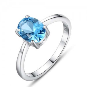 Oval Shape Aquamarine Gem Inlaid Four Claw 925 Sterling Silver Ring