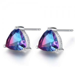 Rainbow Stone Inlaid Elegant Triangle Shape Design 925 Sterling Silver Earrings