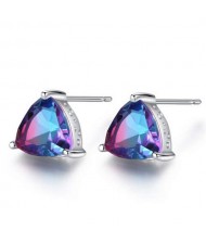 Rainbow Stone Inlaid Elegant Triangle Shape Design 925 Sterling Silver Earrings