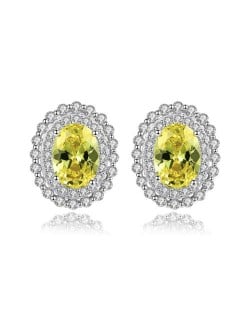 Olive Color Gem Inlaid Rhinestone Embellished Elegant Oval Shape Design 925 Sterling Silver Earrings