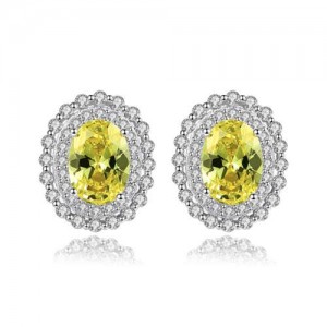 Olive Color Gem Inlaid Rhinestone Embellished Elegant Oval Shape Design 925 Sterling Silver Earrings