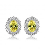 Olive Color Gem Inlaid Rhinestone Embellished Elegant Oval Shape Design 925 Sterling Silver Earrings