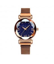 Starry Night Floral Pattern Design Index High Fashion Wrist Watch - Golden