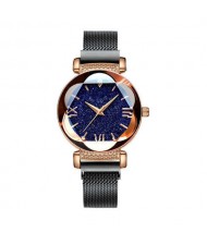 Starry Night Floral Pattern Design Index High Fashion Wrist Watch - Black
