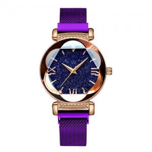 Starry Night Floral Pattern Design Index High Fashion Wrist Watch - Purple