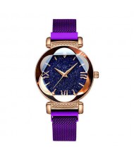 Starry Night Floral Pattern Design Index High Fashion Wrist Watch - Purple