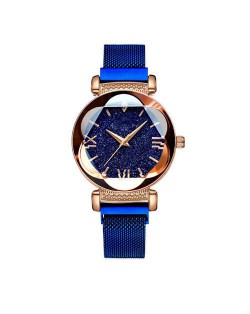 Starry Night Floral Pattern Design Index High Fashion Wrist Watch - Blue