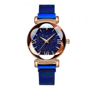 Starry Night Floral Pattern Design Index High Fashion Wrist Watch - Blue
