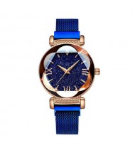 Starry Night Floral Pattern Design Index High Fashion Wrist Watch - Blue