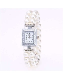 Silver Square Index Beads Style Women Wrist Watch - White