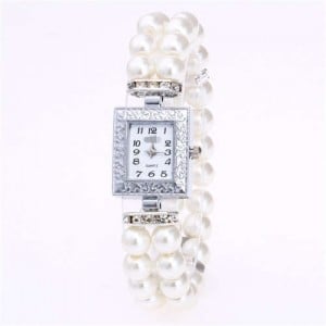 Silver Square Index Beads Style Women Wrist Watch - White