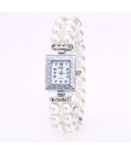 Silver Square Index Beads Style Women Wrist Watch - White