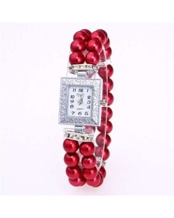 Silver Square Index Beads Style Women Wrist Watch - Red