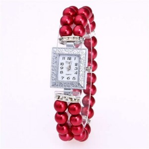 Silver Square Index Beads Style Women Wrist Watch - Red